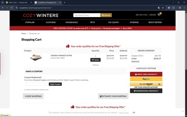 CozyWinters checkout page showing CozyWinters coupon code box | Screenshot taken by SimplyCodes community member on Aug 1, 2025