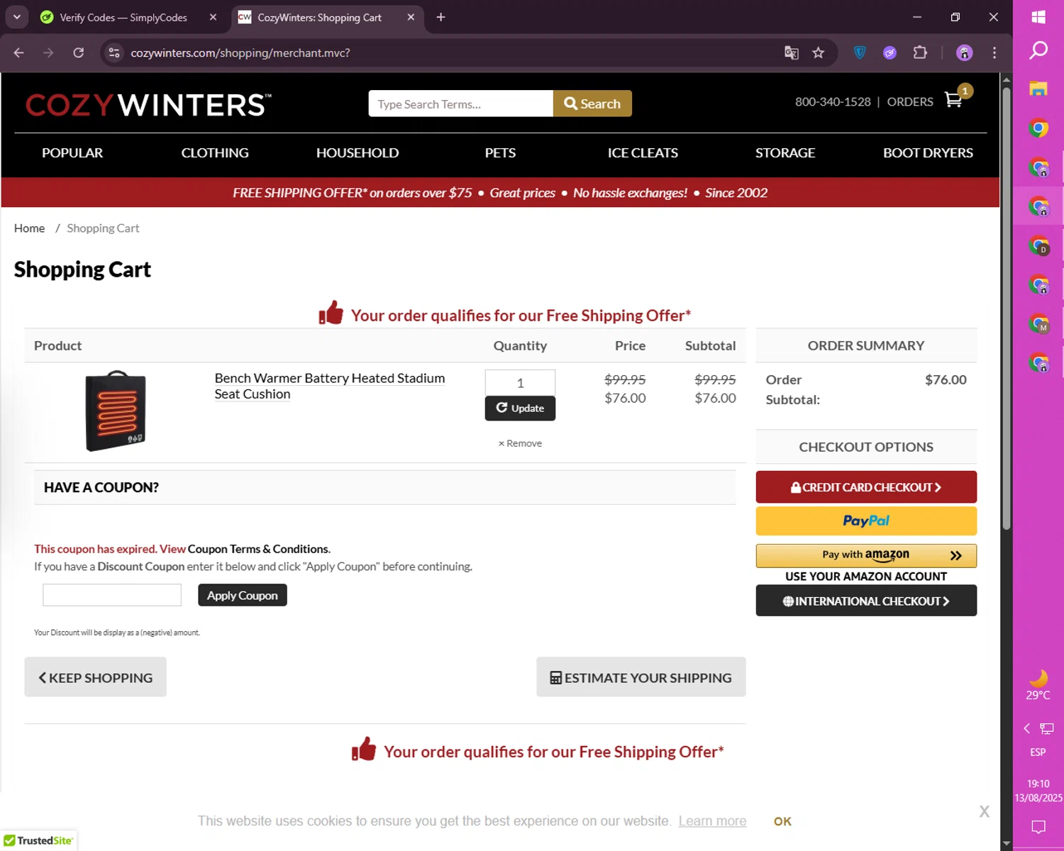 CozyWinters coupon code screenshot showing code PRIME15 applied at CozyWinters checkout page. Uploaded by SimplyCodes community member CashSaver4711 on Aug 13, 2025