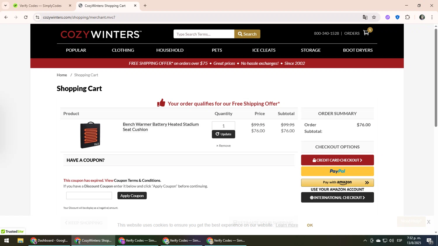CozyWinters coupon code screenshot showing code PRIME15 applied at CozyWinters checkout page. Uploaded by SimplyCodes community member CleverLynx6871 on Aug 13, 2025