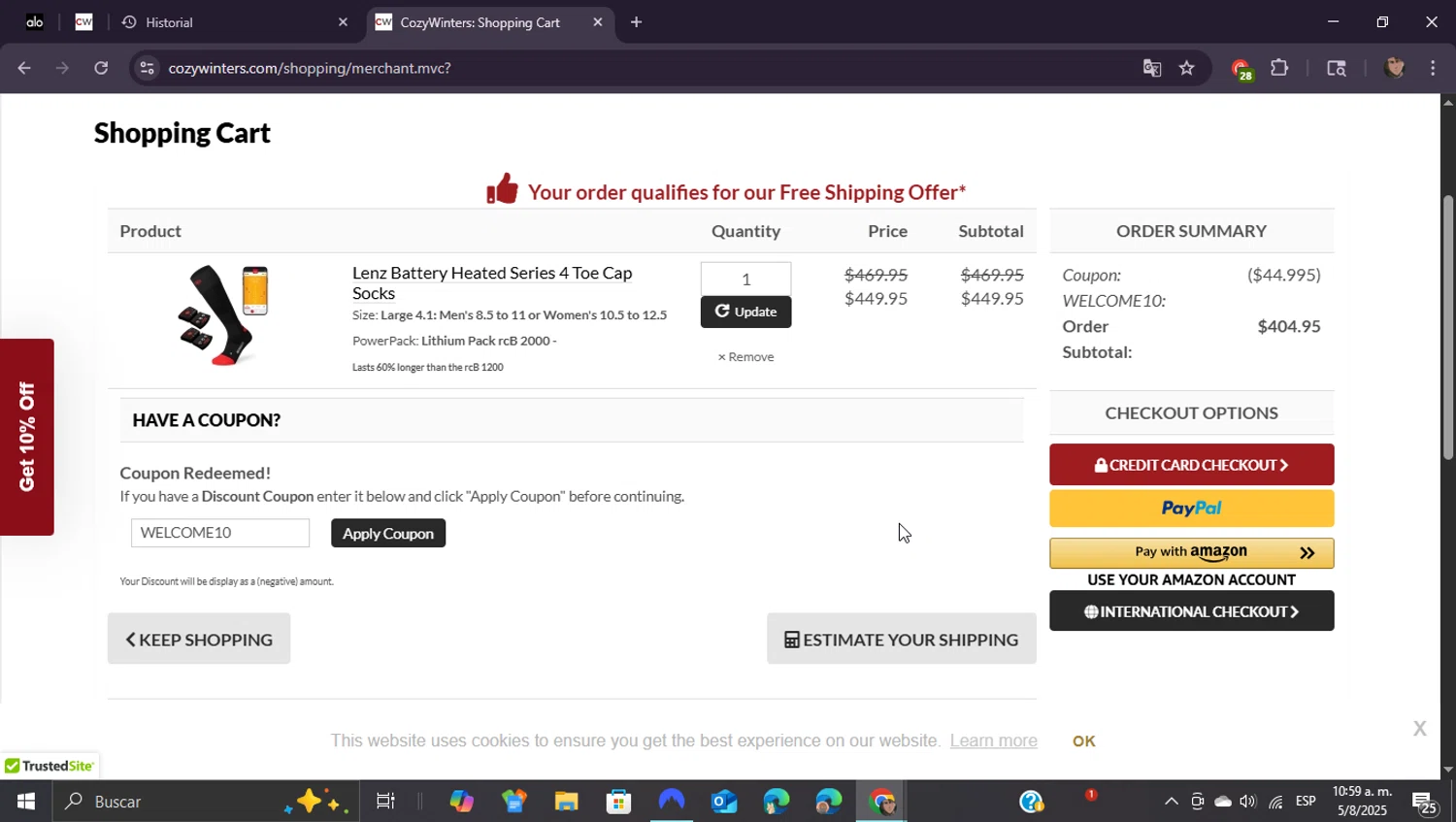 CozyWinters coupon code screenshot showing code WELCOME10 applied at CozyWinters checkout page. Uploaded by SimplyCodes community member ShieldEagle9436 on Aug 5, 2025