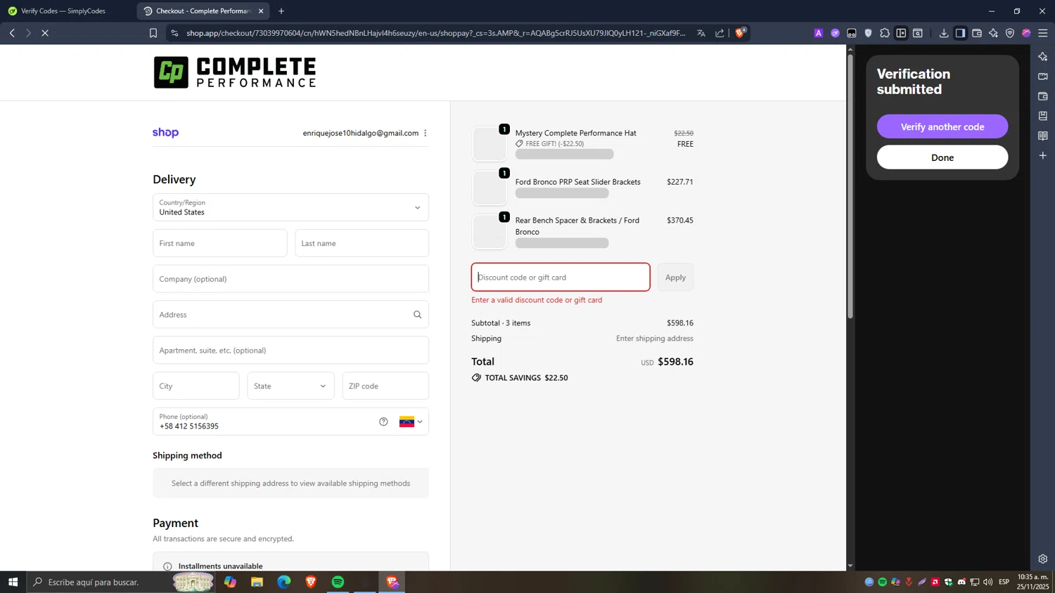 CP Addict discount code screenshot showing code TEXCELLENT applied at CP Addict checkout page. Uploaded by SimplyCodes community member Carlos54 on Nov 25, 2025