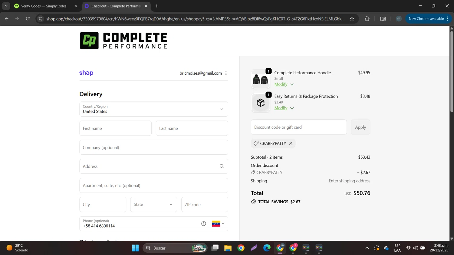 CP Addict discount code screenshot showing code CrabbyPatty applied at CP Addict checkout page. Uploaded by SimplyCodes community member DTBERA2024 on Dec 28, 2025