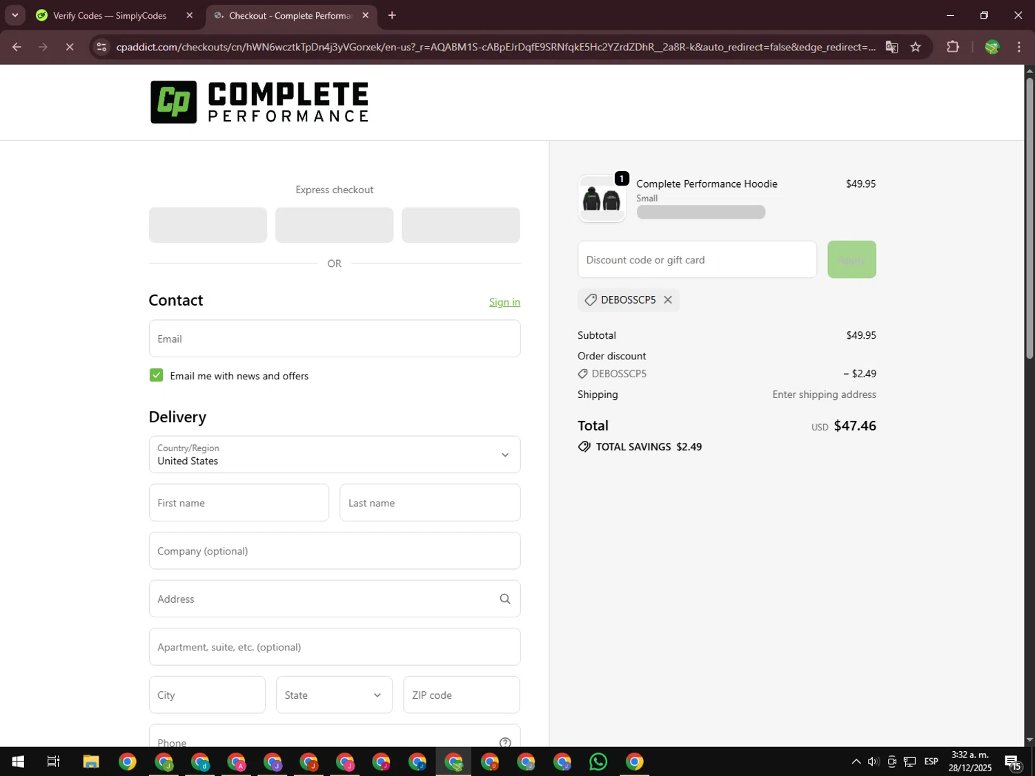 CP Addict discount code screenshot showing code debosscp5 applied at CP Addict checkout page. Uploaded by SimplyCodes community member SwiftChaser6655 on Dec 28, 2025