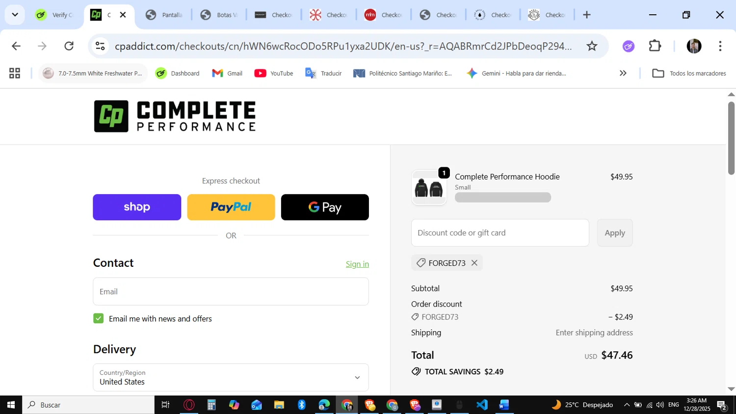 CP Addict discount code screenshot showing code FORGED73 applied at CP Addict checkout page. Uploaded by SimplyCodes community member KataldoMustafack on Dec 28, 2025