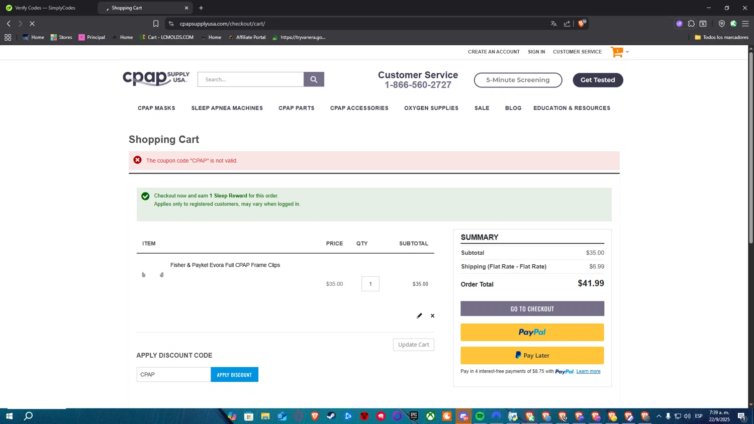 CPAP Supply USA discount code screenshot showing code CPAP applied at CPAP Supply USA checkout page. Uploaded by SimplyCodes community member Nulo0000 on Sep 22, 2025