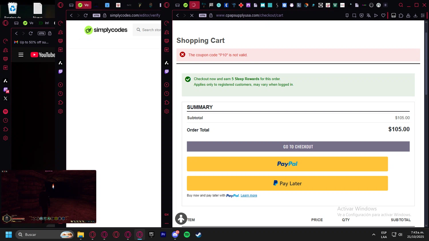 CPAP Supply USA discount code screenshot showing code P10 applied at CPAP Supply USA checkout page. Uploaded by SimplyCodes community member Handivlak on Oct 21, 2025