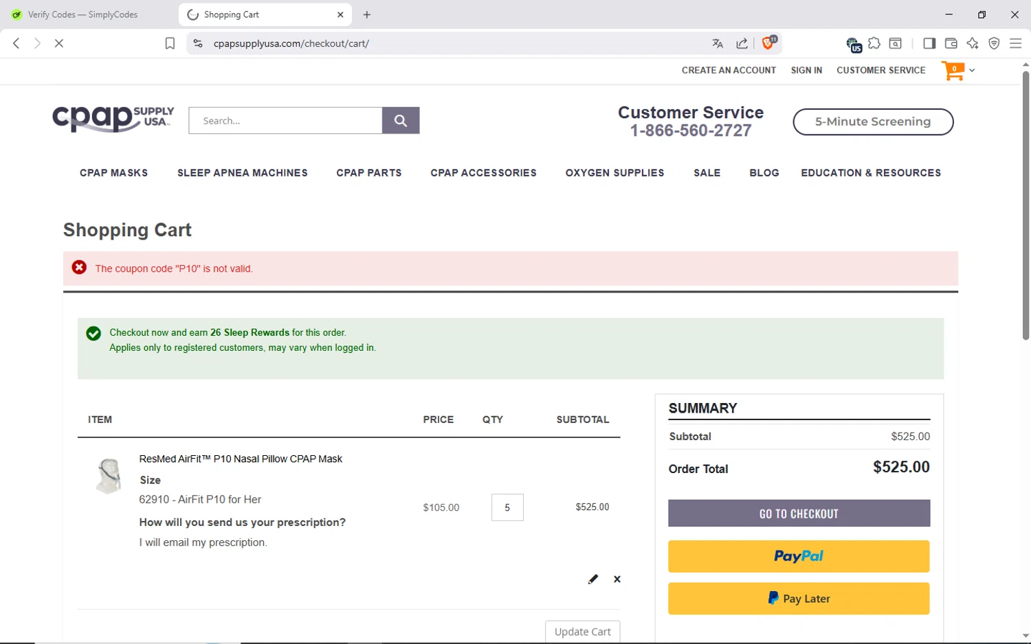 CPAP Supply USA discount code screenshot showing code P10 applied at CPAP Supply USA checkout page. Uploaded by SimplyCodes community member ShieldAdmiral6835 on Oct 21, 2025