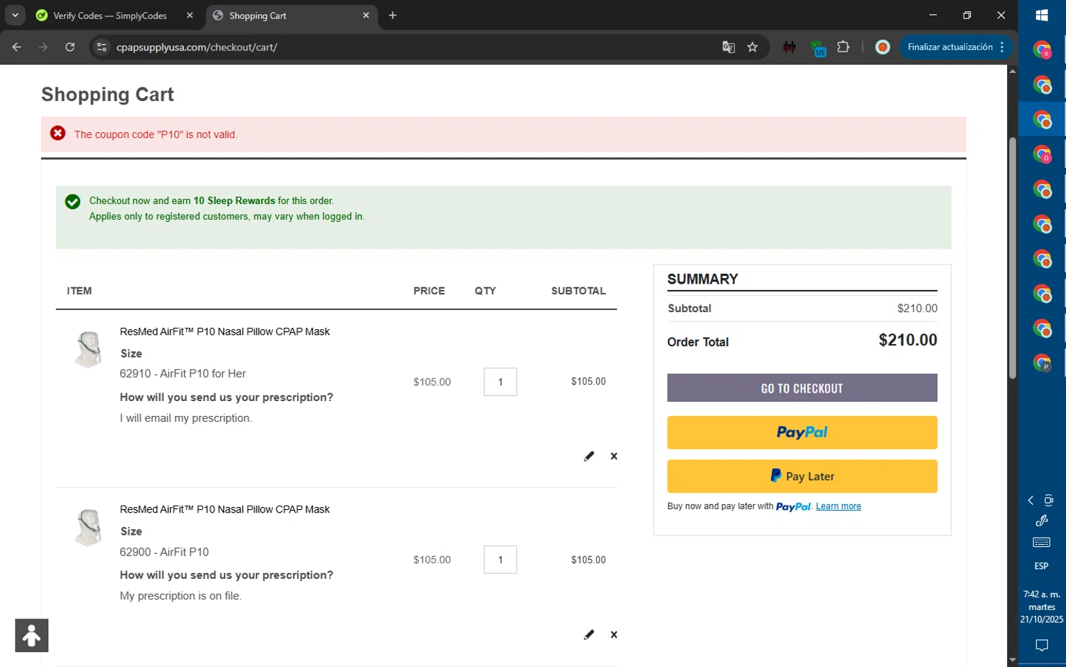CPAP Supply USA discount code screenshot showing code P10 applied at CPAP Supply USA checkout page. Uploaded by SimplyCodes community member ValiantWarden8956 on Oct 21, 2025