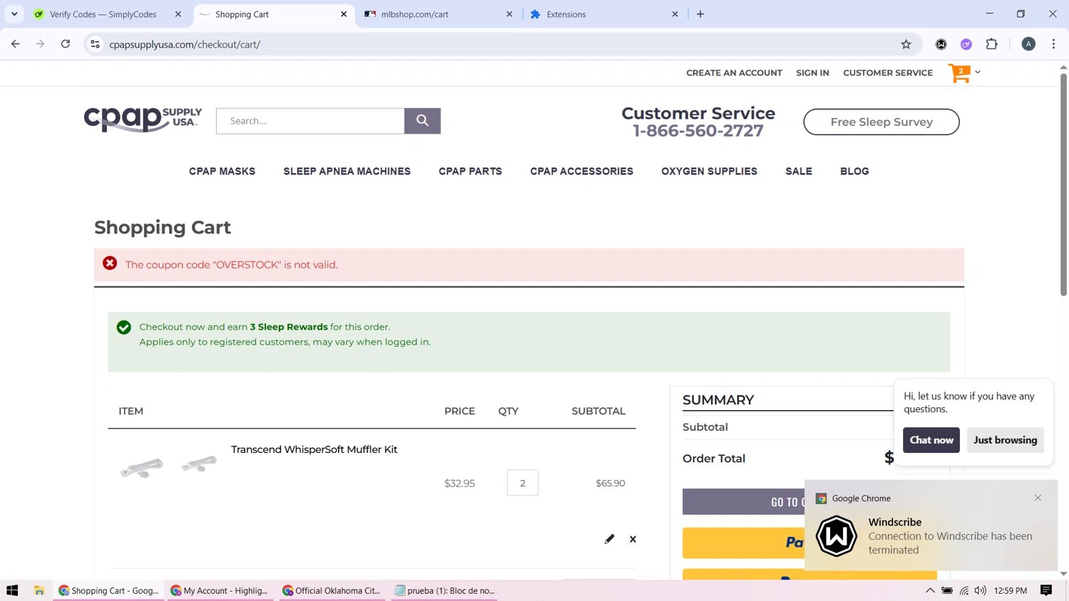 CPAP Supply USA discount code screenshot showing code OVERSTOCK applied at CPAP Supply USA checkout page. Uploaded by SimplyCodes community member BonusMonarch7015 on Oct 24, 2025
