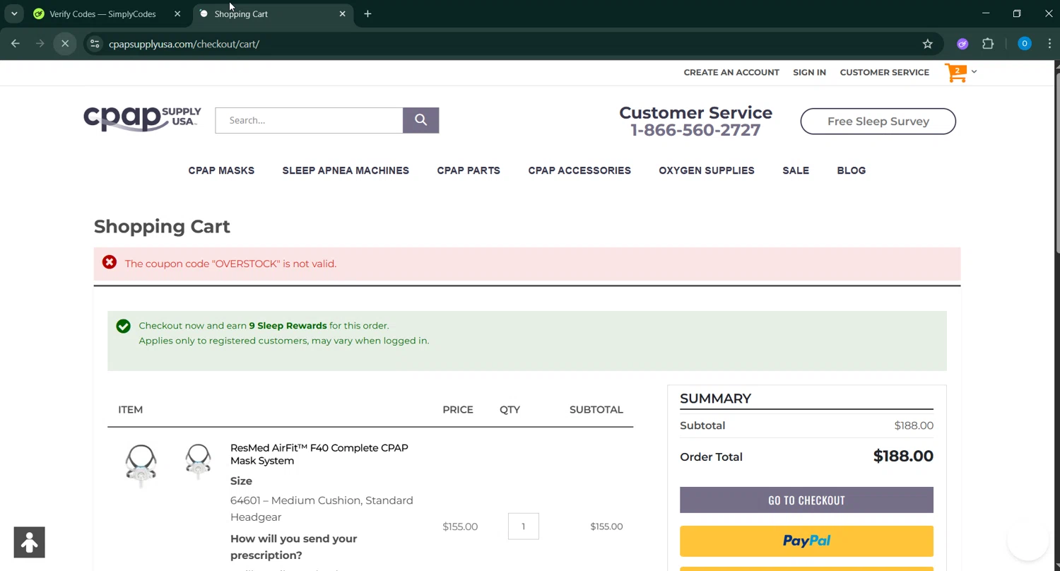 CPAP Supply USA discount code screenshot showing code OVERSTOCK applied at CPAP Supply USA checkout page. Uploaded by SimplyCodes community member GoldChaser6627 on Oct 24, 2025