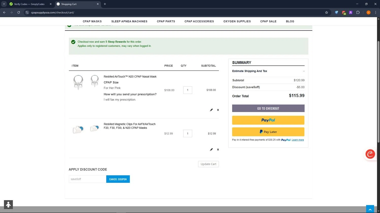 CPAP Supply USA checkout page showing CPAP Supply USA discount code box | Screenshot taken by SimplyCodes community member on Dec 30, 2025