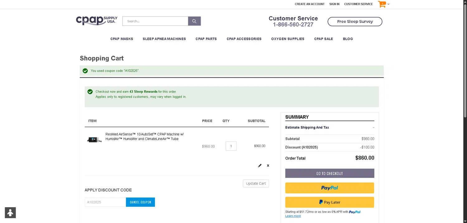 CPAP Supply USA checkout page showing CPAP Supply USA discount code box | Screenshot taken by SimplyCodes community member on Dec 26, 2025