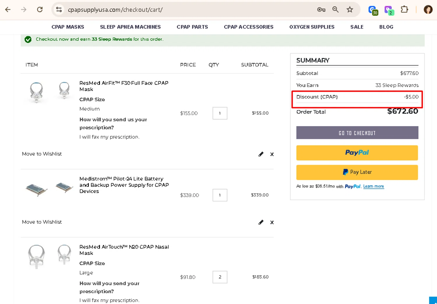 CPAP Supply USA discount code screenshot showing code CPAP applied at CPAP Supply USA checkout page. Uploaded by SimplyCodes community member AMANDA2681 on Nov 7, 2025