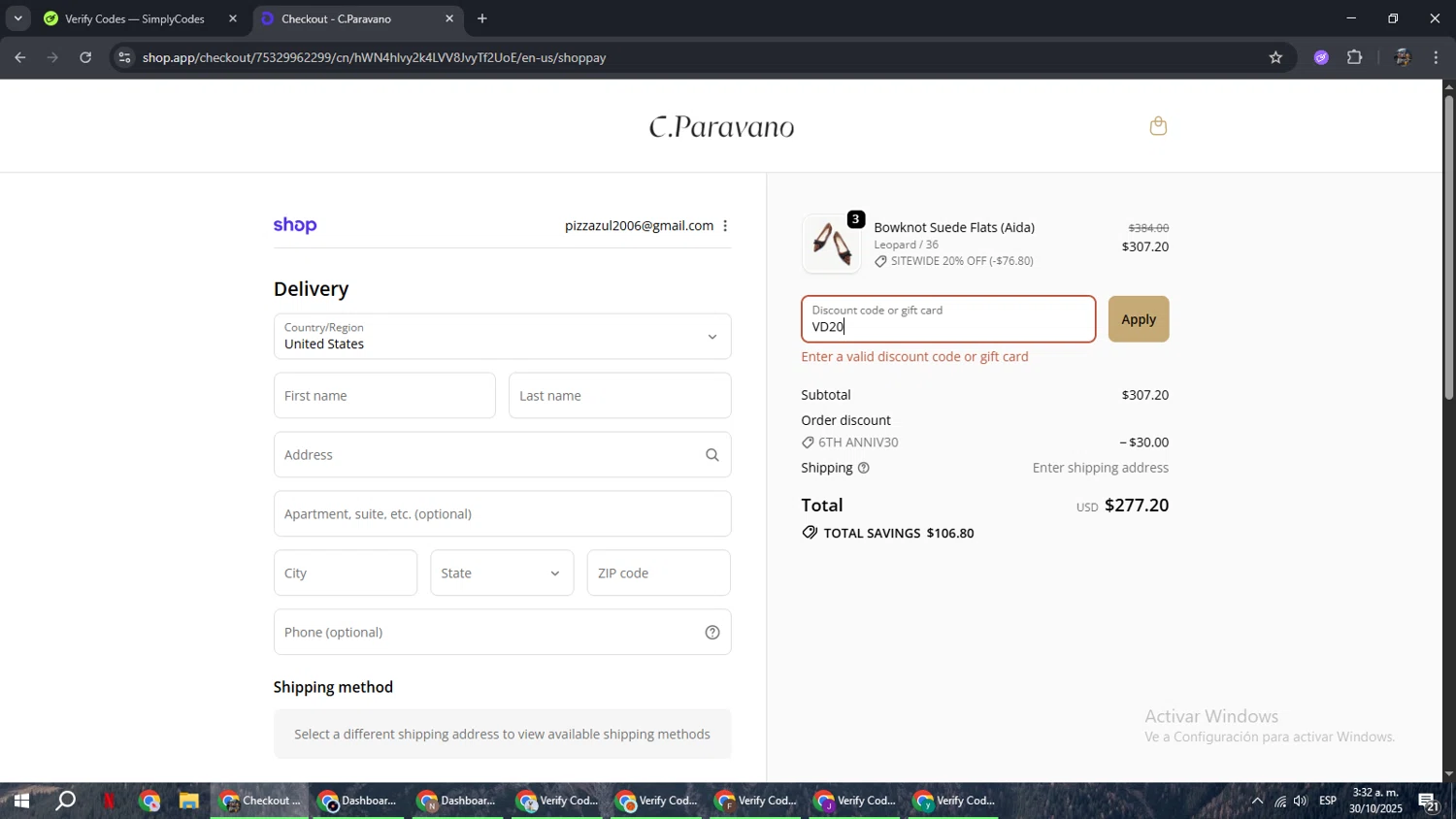 C.Paravano promo code screenshot showing code VD20 applied at C.Paravano checkout page. Uploaded by SimplyCodes community member xxdddd on Oct 30, 2025