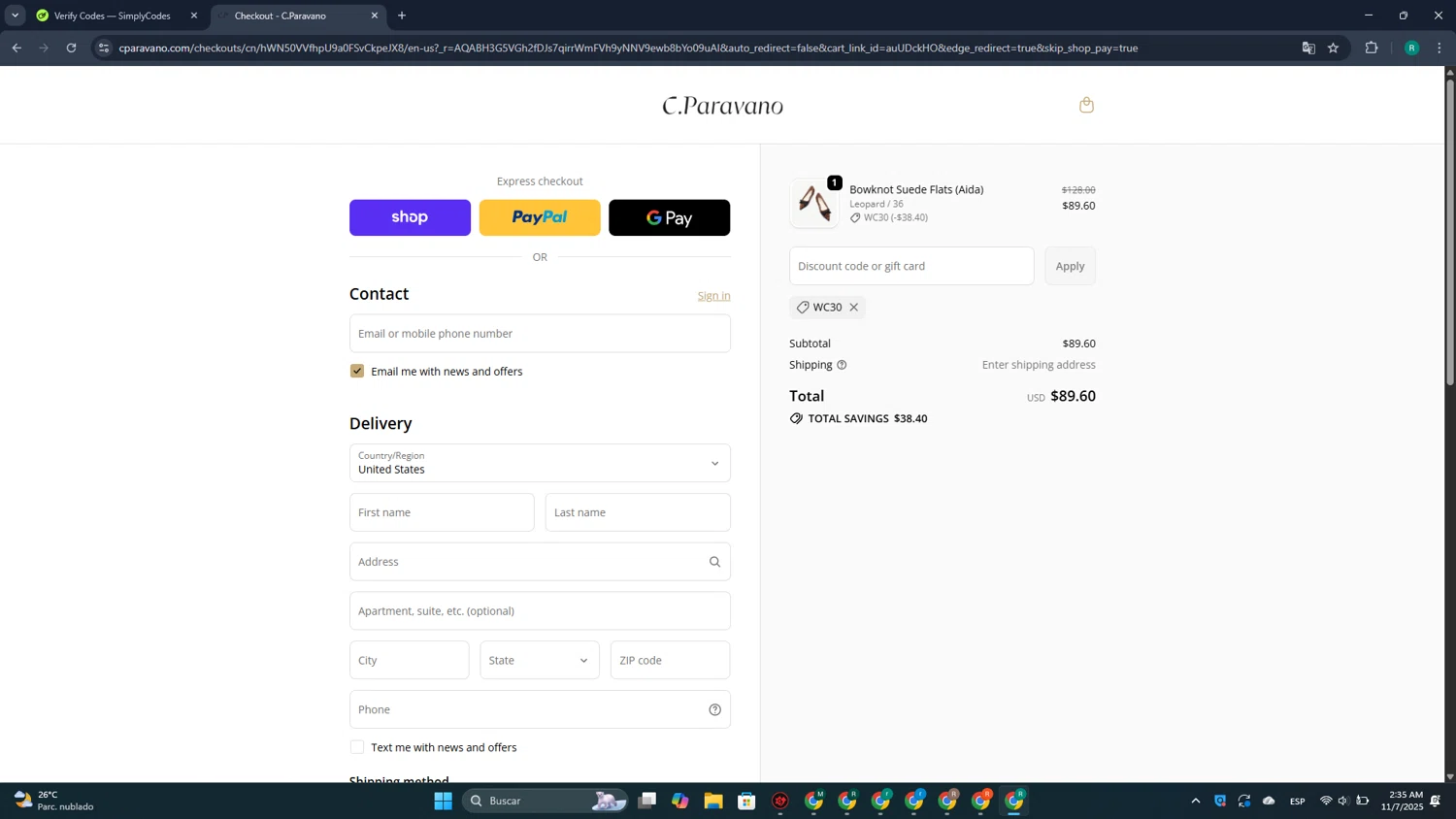 C.Paravano promo code screenshot showing code WC30 applied at C.Paravano checkout page. Uploaded by SimplyCodes community member CleverCurator1217 on Nov 7, 2025