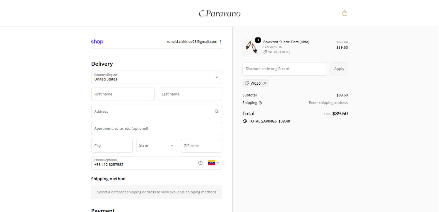 C.Paravano promo code screenshot showing code WC30 applied at C.Paravano checkout page. Uploaded by SimplyCodes community member ValiantMaverick169 on Nov 7, 2025