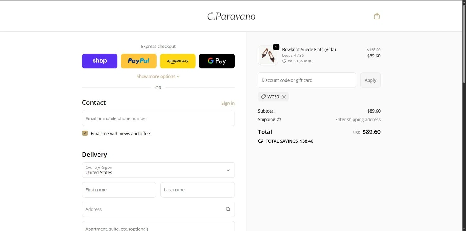 C.Paravano promo code screenshot showing code WC30 applied at C.Paravano checkout page. Uploaded by SimplyCodes community member Depressive on Nov 7, 2025