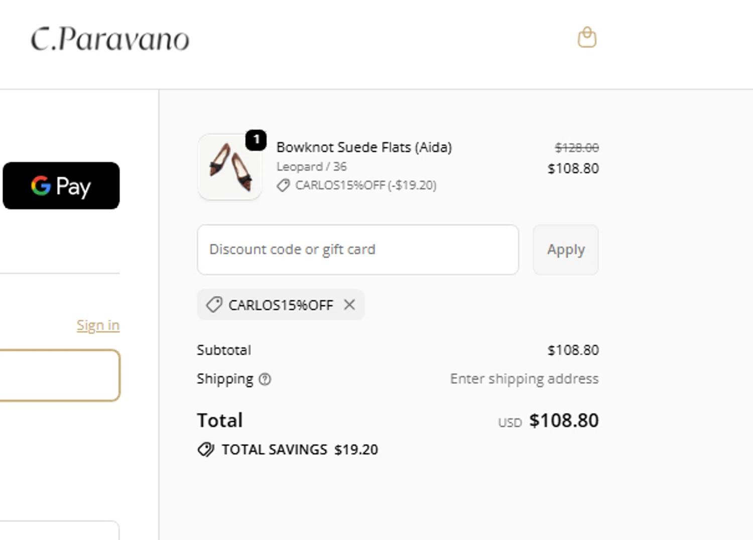C.Paravano promo code screenshot showing code CARLOS15%OFF applied at C.Paravano checkout page. Uploaded by SimplyCodes community member carlosrivero on Nov 3, 2025
