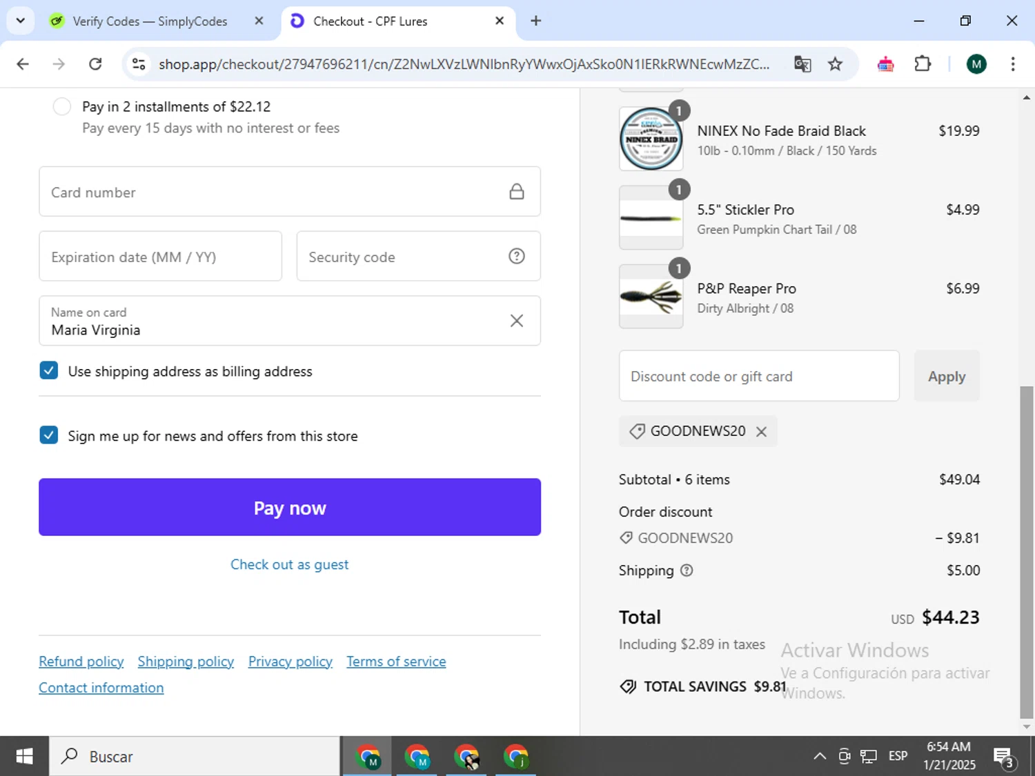 CPF Lures promo code screenshot showing code GOODNEWS20 applied at CPF Lures checkout page. Uploaded by SimplyCodes community member Jorgeluisvera on Jan 21, 2025