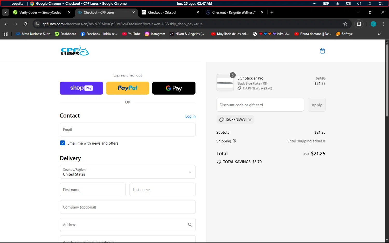CPF Lures promo code screenshot showing code 15CPFNEWS applied at CPF Lures checkout page. Uploaded by SimplyCodes community member ELROJO on Aug 25, 2025