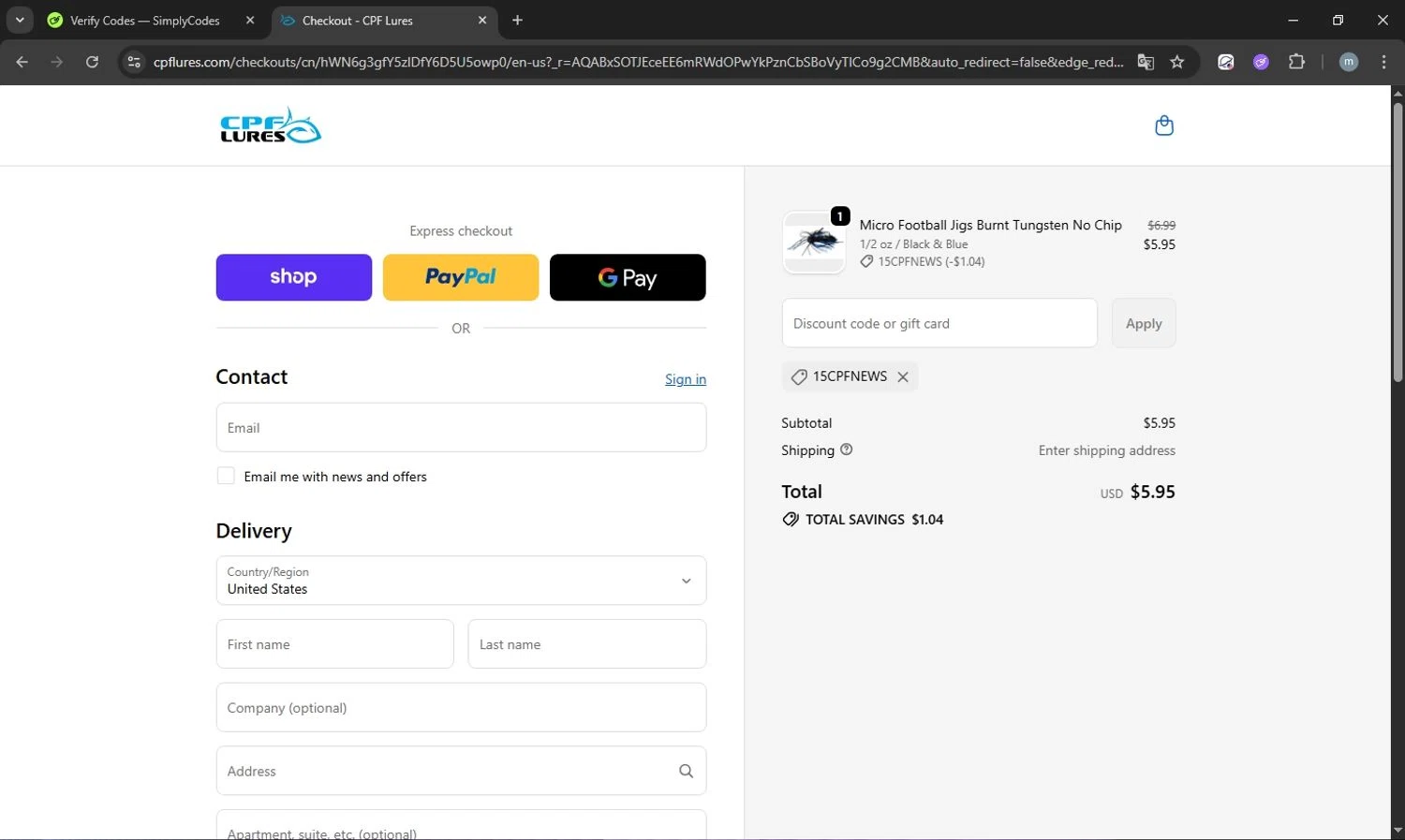 CPF Lures promo code screenshot showing code 15CPFNEWS applied at CPF Lures checkout page. Uploaded by SimplyCodes community member acostaacosta on Dec 21, 2025
