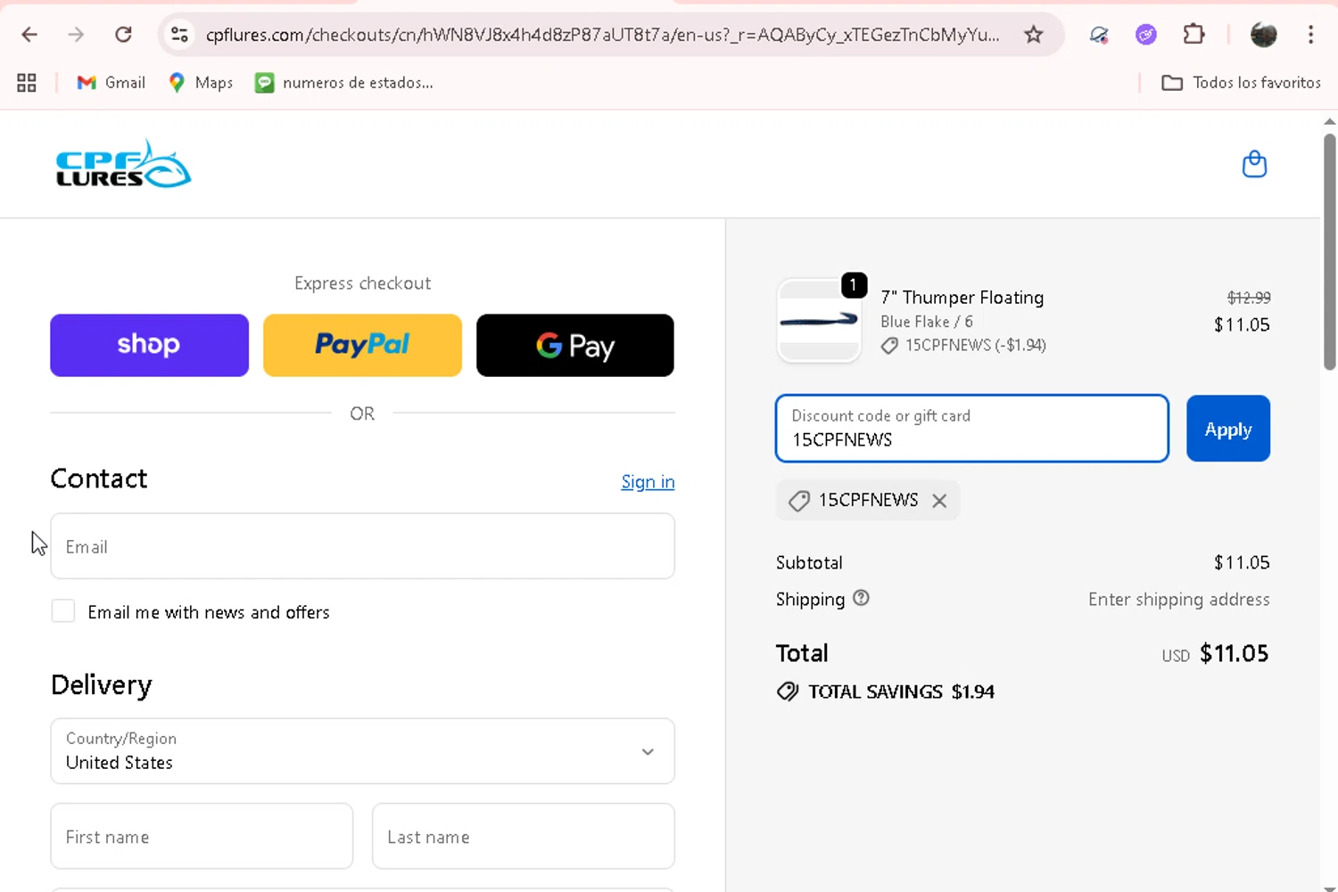 CPF Lures checkout page showing CPF Lures promo code box | Screenshot taken by SimplyCodes community member on Feb 7, 2026