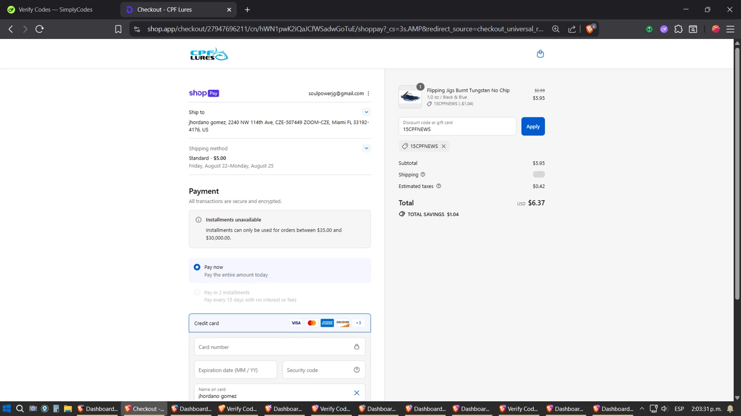 CPF Lures promo code screenshot showing code 15CPFNEWS applied at CPF Lures checkout page. Uploaded by SimplyCodes community member verifier_983798000 on Aug 15, 2025