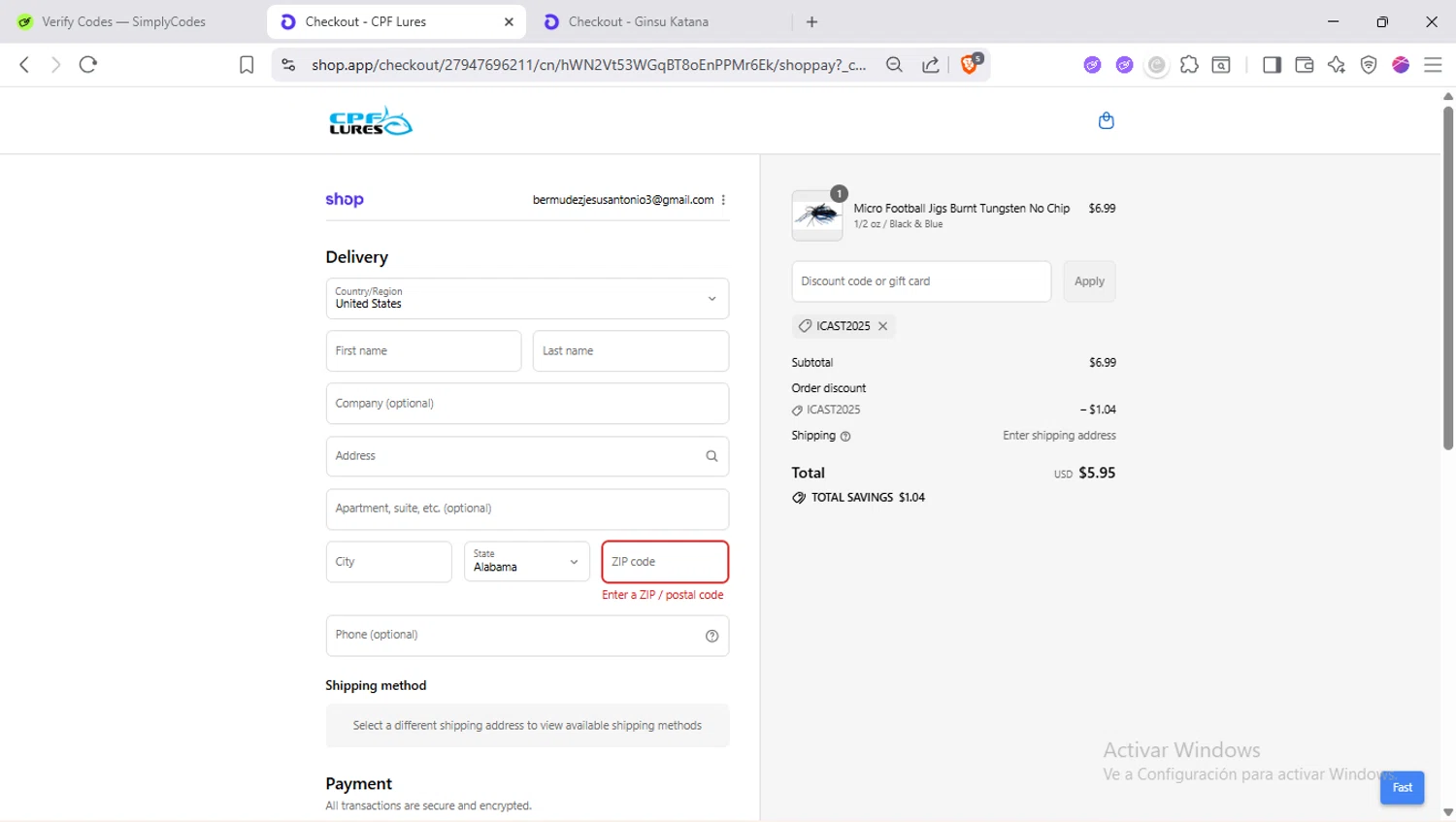 CPF Lures promo code screenshot showing code ICAST2025 applied at CPF Lures checkout page. Uploaded by SimplyCodes community member SapeGato on Sep 2, 2025