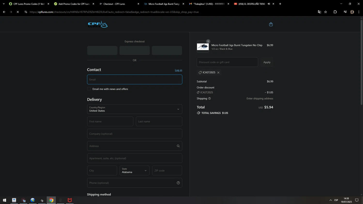 CPF Lures promo code screenshot showing code ICAST2025 applied at CPF Lures checkout page. Uploaded by SimplyCodes community member MarcosAranguren on Jul 19, 2025