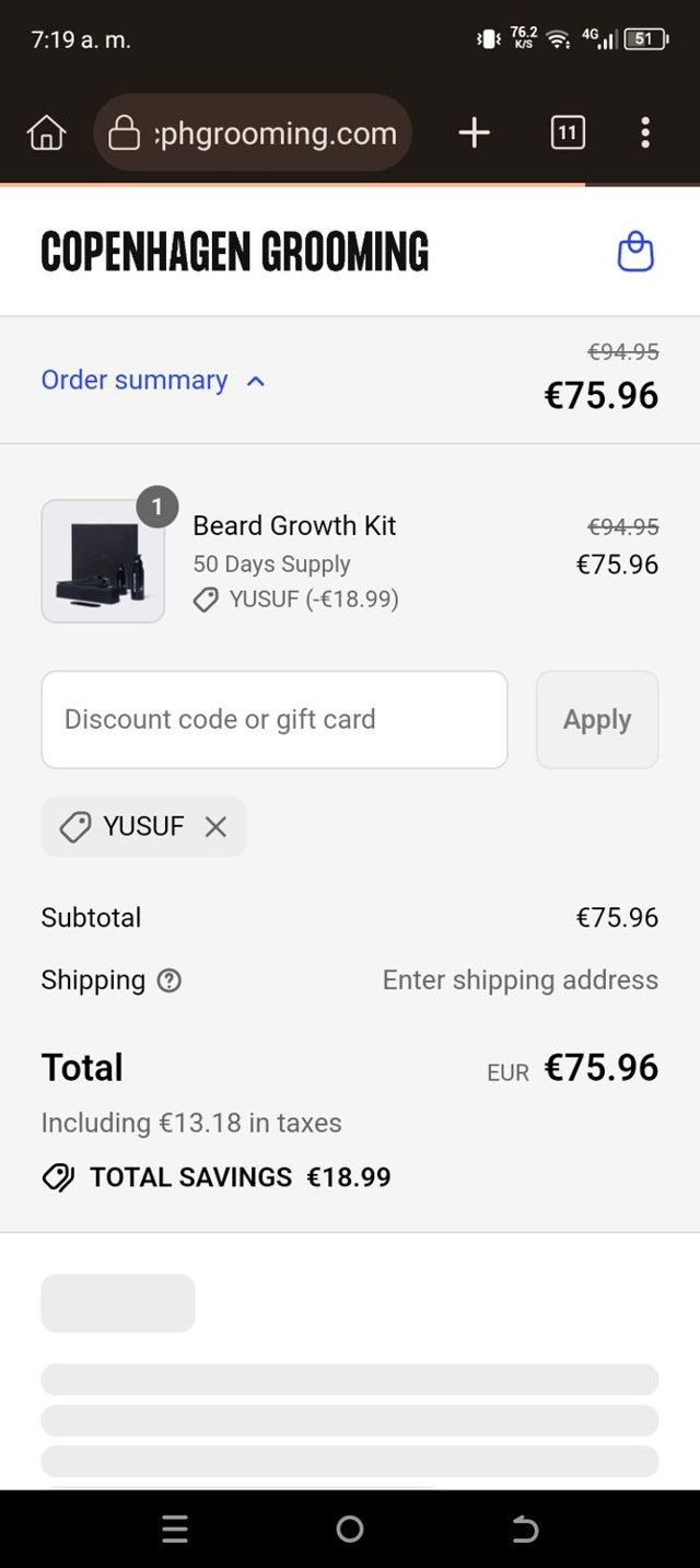 Copenhagen Grooming checkout page showing Copenhagen Grooming coupon code box | Screenshot taken by SimplyCodes community member on Aug 17, 2025
