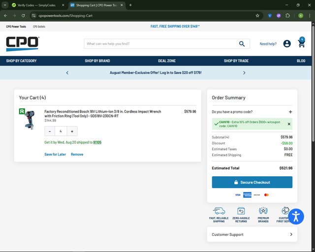 CPO DeWALT checkout page showing CPO DeWALT promo code box | Screenshot taken by SimplyCodes community member on Aug 16, 2025