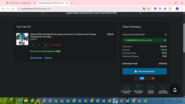 CPO DeWALT checkout page showing CPO DeWALT promo code box | Screenshot taken by SimplyCodes community member on Aug 16, 2025