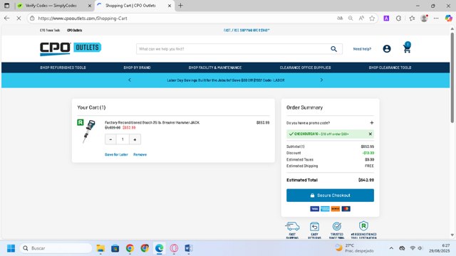 CPO Outlets checkout page showing CPO Outlets coupon code box | Screenshot taken by SimplyCodes community member on Aug 29, 2025