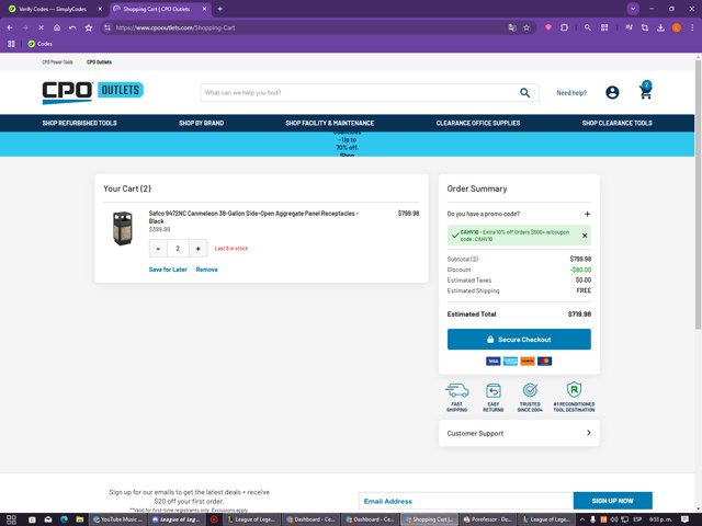 CPO Outlets checkout page showing CPO Outlets coupon code box | Screenshot taken by SimplyCodes community member on Aug 13, 2025