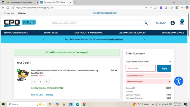 CPO Outlets checkout page showing CPO Outlets coupon code box | Screenshot taken by SimplyCodes community member on Aug 25, 2025