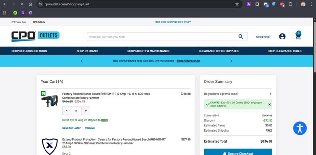 CPO Outlets checkout page showing CPO Outlets coupon code box | Screenshot taken by SimplyCodes community member on Aug 19, 2025