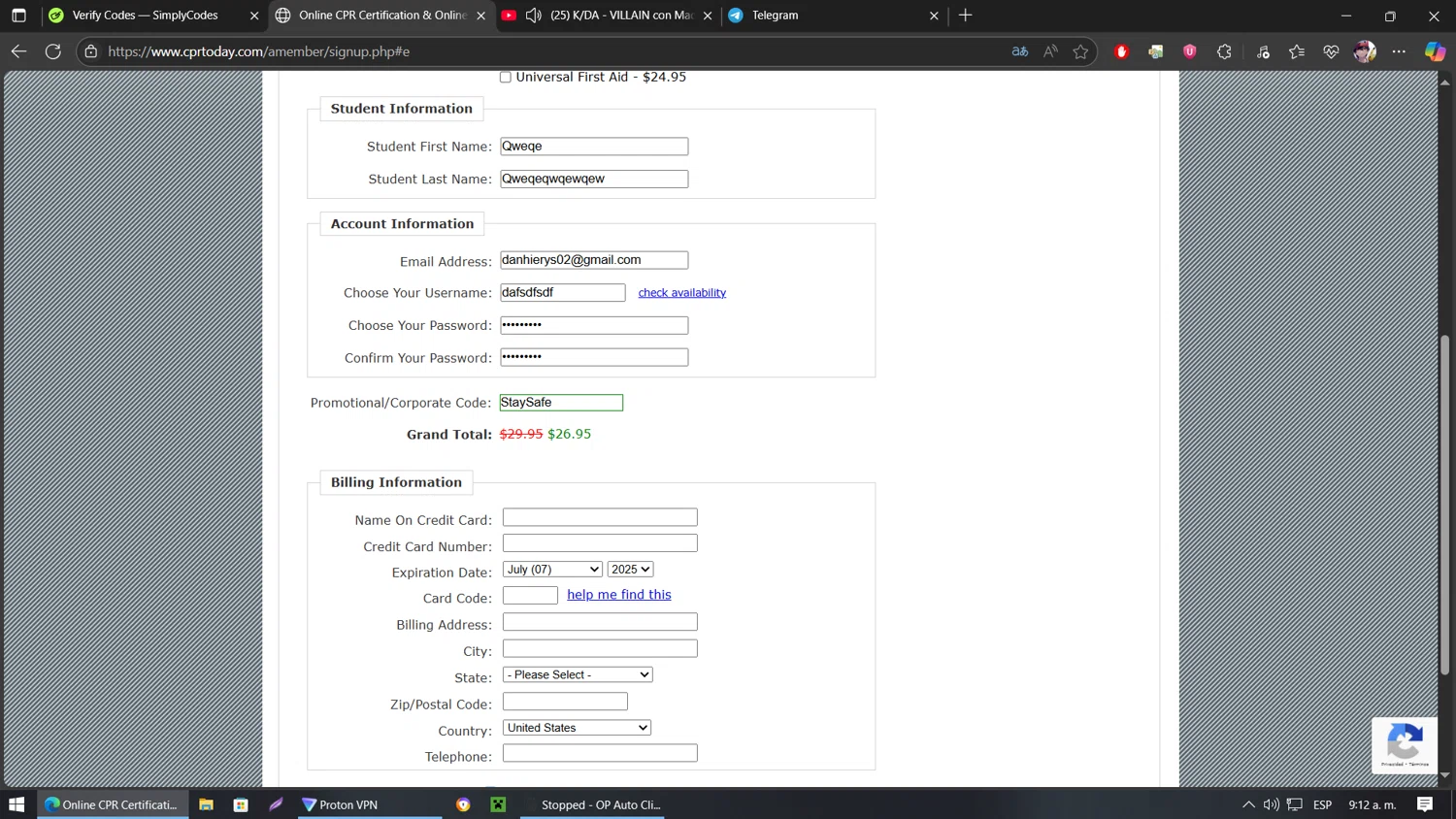 CPRToday! promo code screenshot showing code StaySafe applied at CPRToday! checkout page. Uploaded by SimplyCodes community member belindaflores on Jul 29, 2025