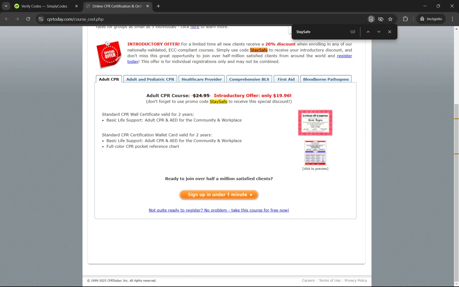 CPRToday! promo code screenshot showing code StaySafe applied at CPRToday! checkout page. Uploaded by SimplyCodes community member juan1702 on Jan 10, 2025