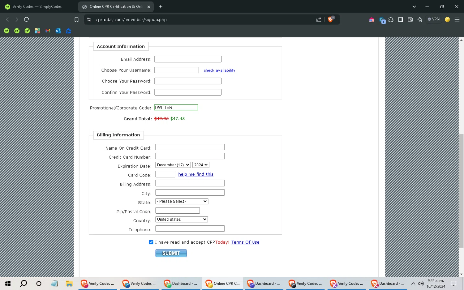 CPRToday! checkout page showing CPRToday! promo code box | Screenshot taken by SimplyCodes community member on Dec 16, 2024