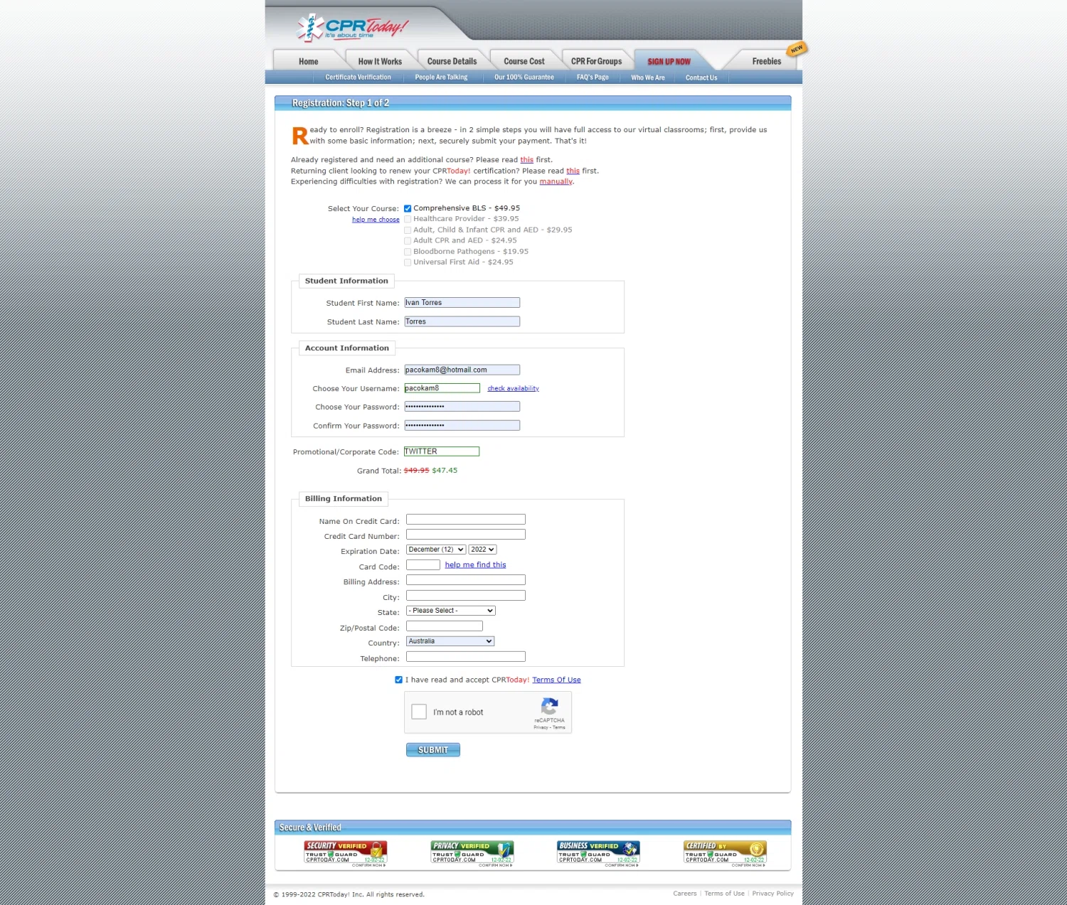 CPRToday! checkout page showing CPRToday! promo code box | Screenshot taken by SimplyCodes community member on Dec 2, 2022