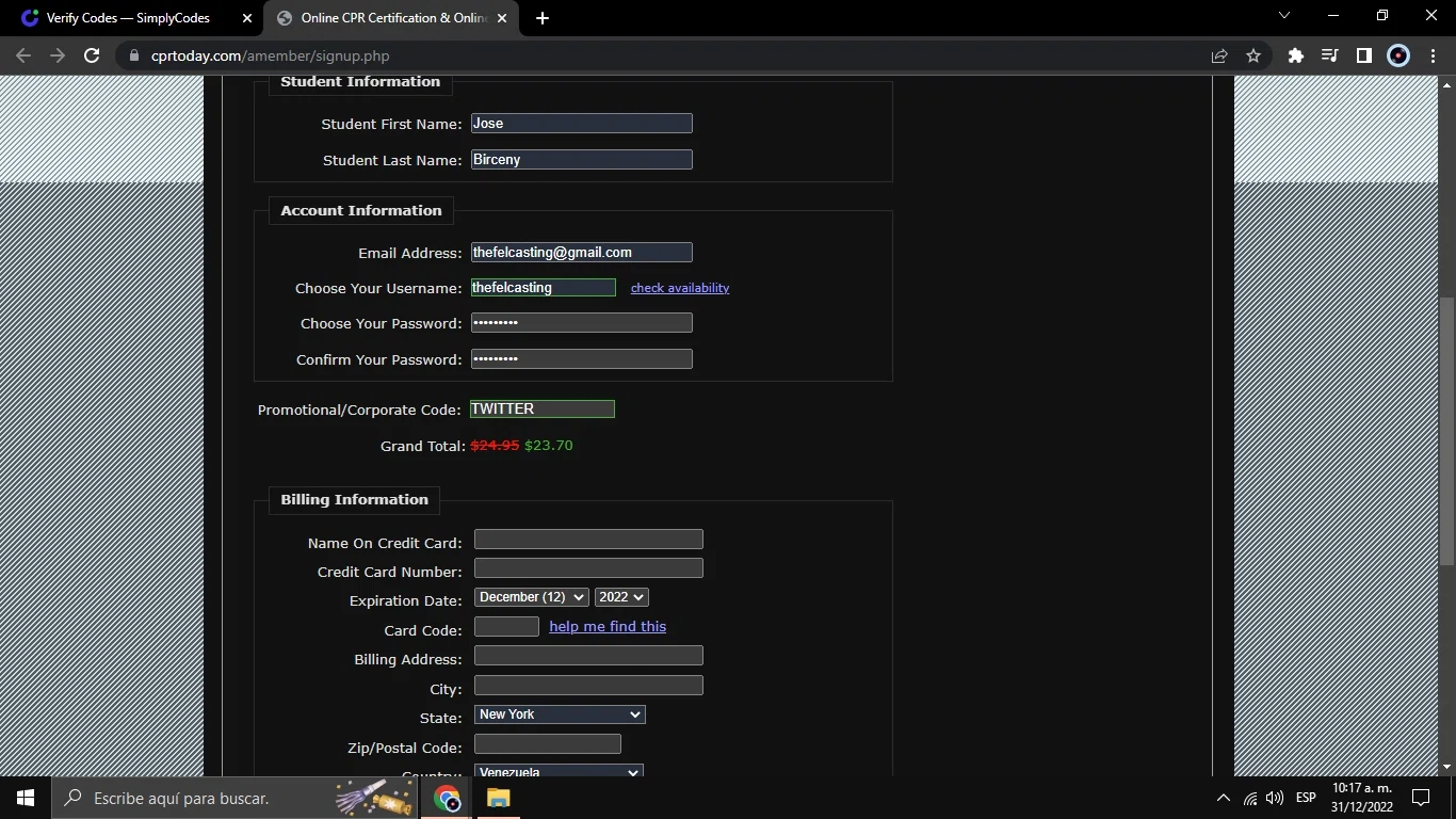CPRToday! checkout page showing CPRToday! promo code box | Screenshot taken by SimplyCodes community member on Dec 31, 2022