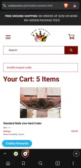 Crab Dynasty coupon verification screenshot
