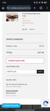 Crab Dynasty coupon verification screenshot