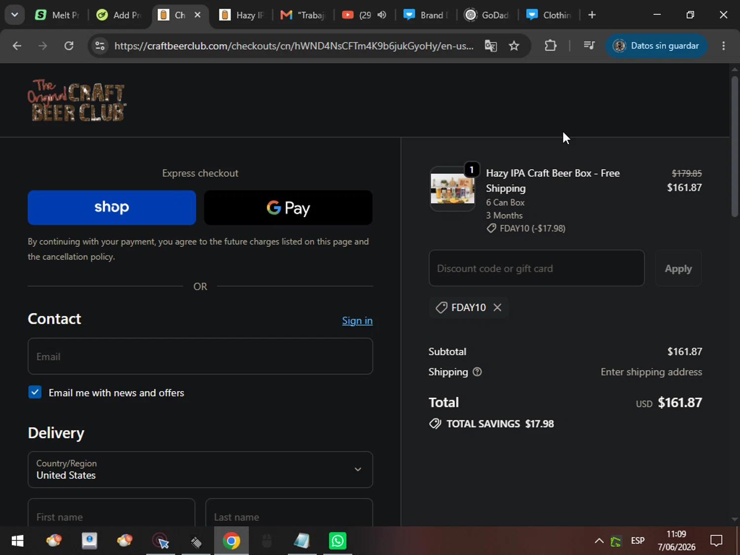 Craft Beer Club promo code screenshot showing code FDAY10 applied at Craft Beer Club checkout page. Uploaded by SimplyCodes community member MarcosAranguren on Jun 7, 2026