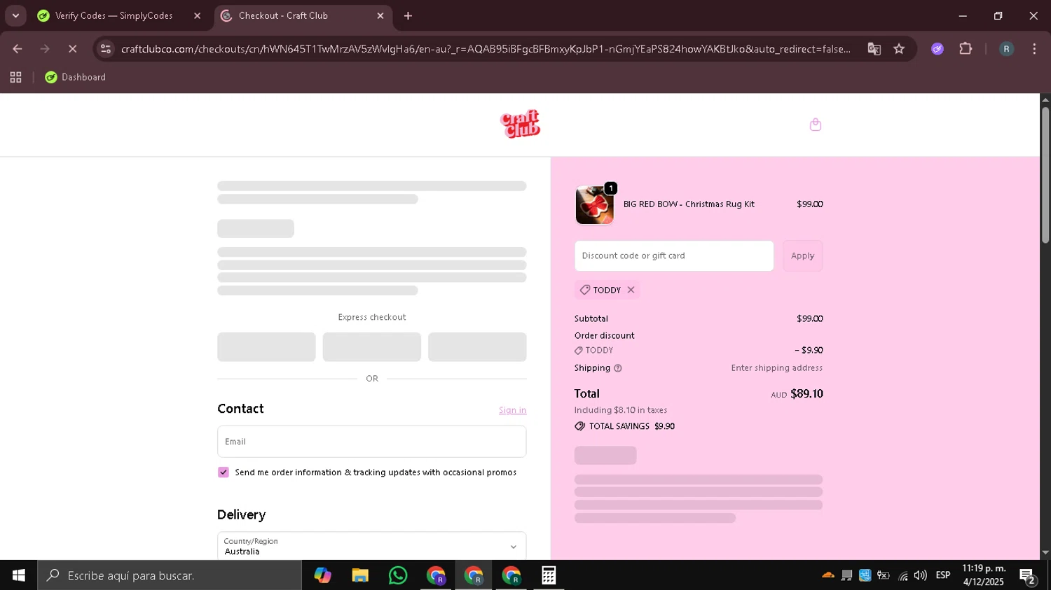 Craft Club Co discount code screenshot showing code TODDY applied at Craft Club Co checkout page. Uploaded by SimplyCodes community member DealHawk3765 on Dec 5, 2025