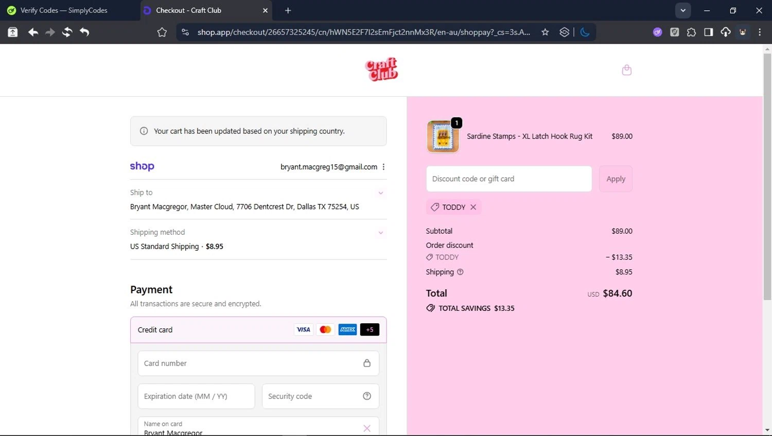 Craft Club Co discount code screenshot showing code TODDY applied at Craft Club Co checkout page. Uploaded by SimplyCodes community member USER_RANDON on Nov 13, 2025