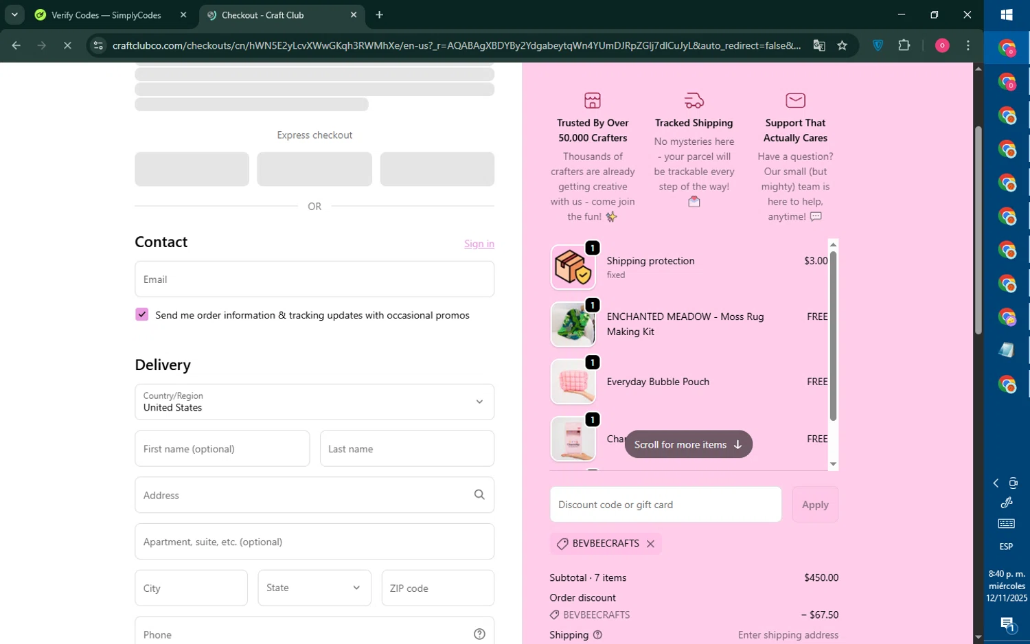 Craft Club Co discount code screenshot showing code BEVBEECRAFTS applied at Craft Club Co checkout page. Uploaded by SimplyCodes community member RebateNavigator926 on Nov 13, 2025