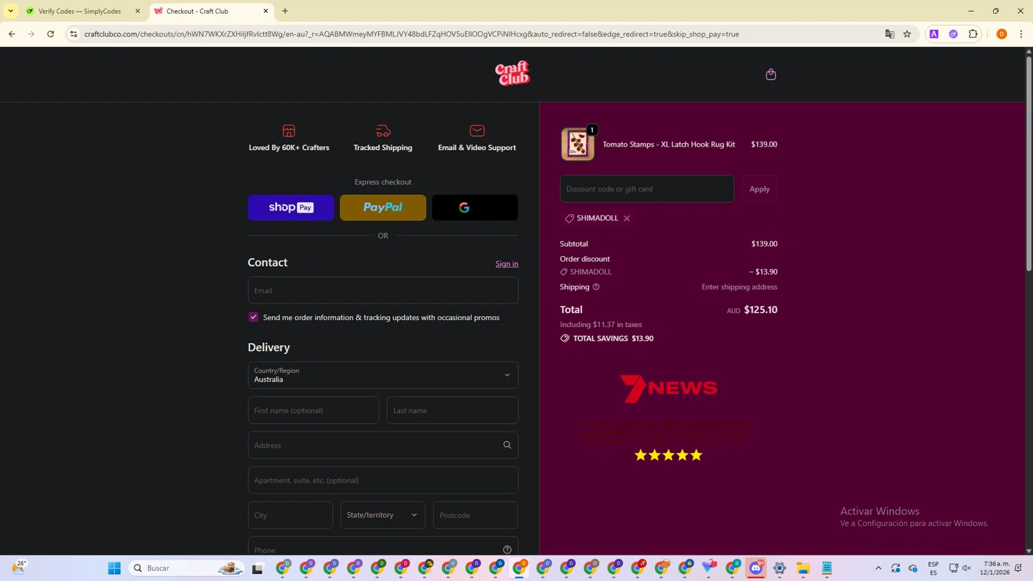 Craft Club Co discount code screenshot showing code SHIMADOLL applied at Craft Club Co checkout page. Uploaded by SimplyCodes community member SavingsMaverick3203 on Jan 12, 2026