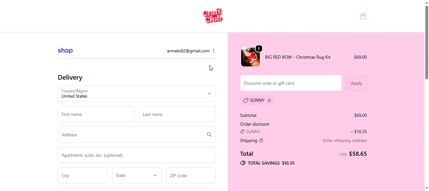 Craft Club Co discount code screenshot showing code SUNNY applied at Craft Club Co checkout page. Uploaded by SimplyCodes community member armalissolorzano1 on Nov 13, 2025