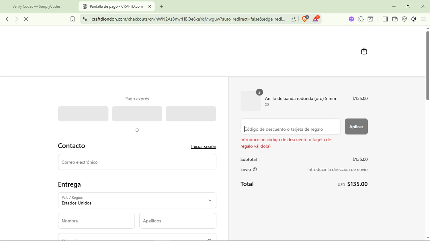 CRAFTD London discount code screenshot showing code AFF10APR03 applied at CRAFTD London checkout page. Uploaded by SimplyCodes community member Aguaita_coco on Aug 24, 2025